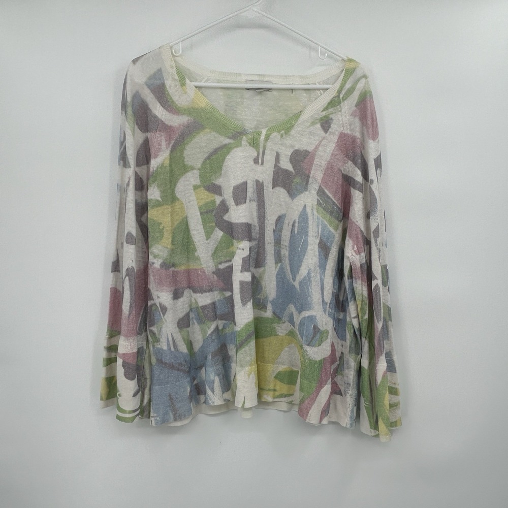 Kinross Womens 100% Linen V Neck Top Size L Artsy Coastal Watercolor‎ Resort
